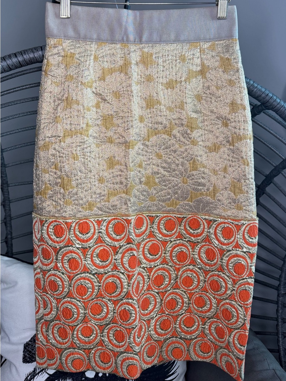 Dolce & Gabbana Gold and Orange Embroidered Pencil Skirt. Size: 40